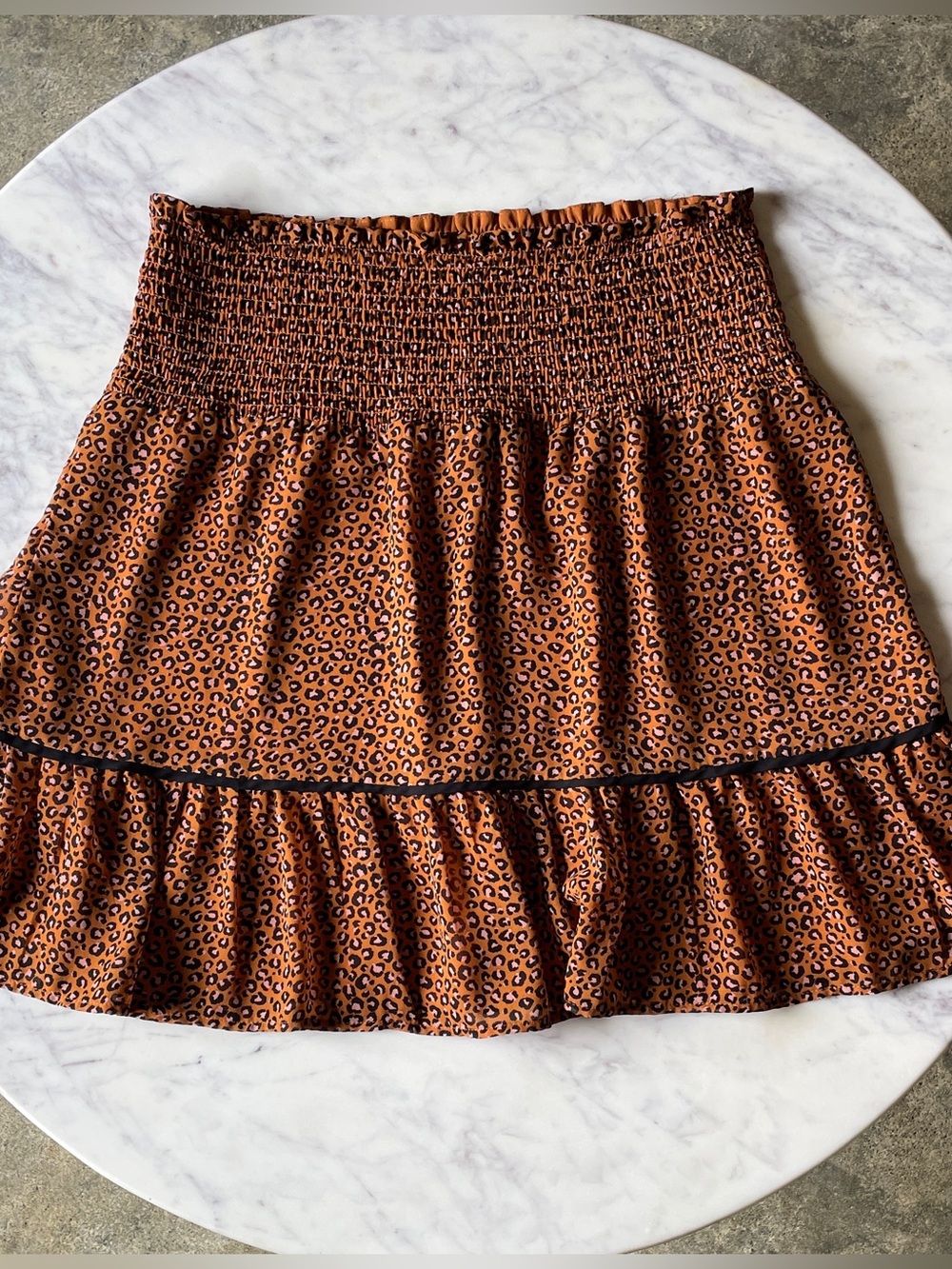 DR2 Brown Leopard Smocked Waist Tiered Mini Skirt